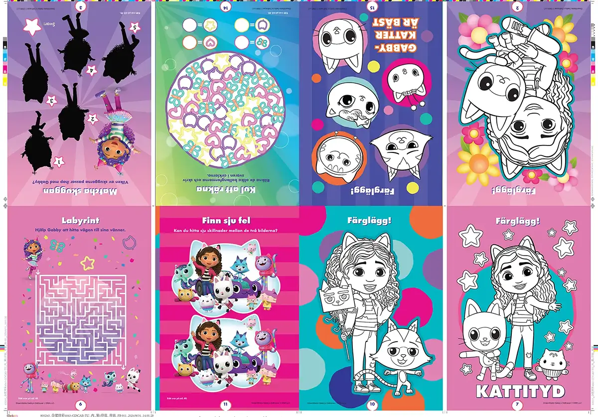 Supporting Gabby production layout with activity and coloring pages