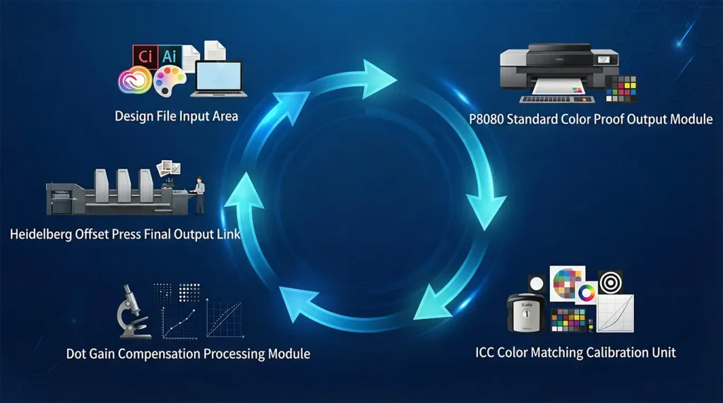 Closed-loop color management links the source file, proof and press output.